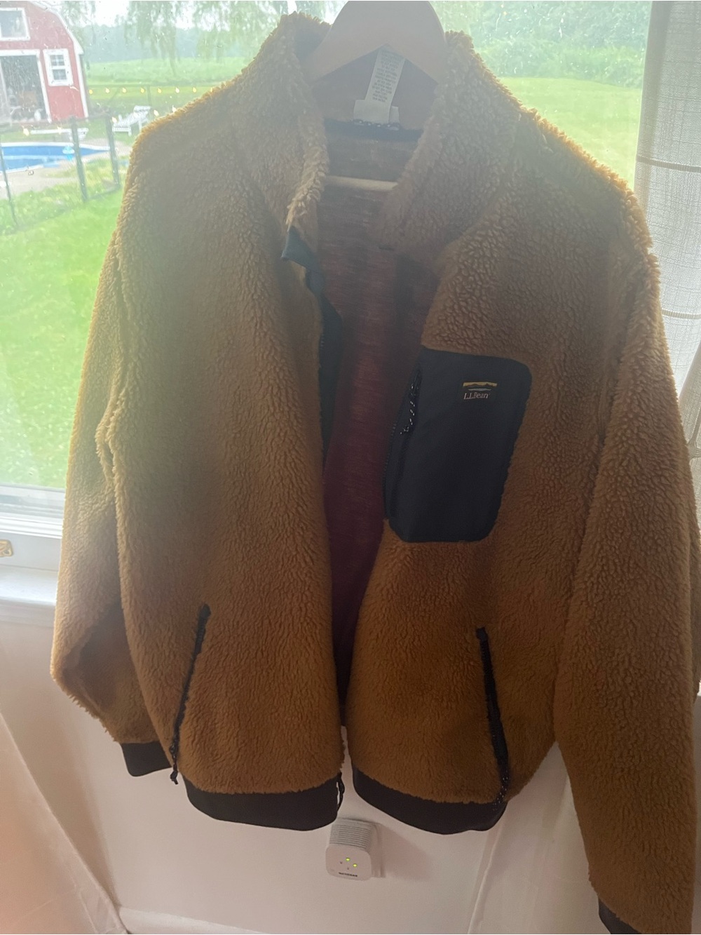 L.L. Bean Men's Caramel/Tan Sherpa Fleece Jacket with Contrast Chest Pocket